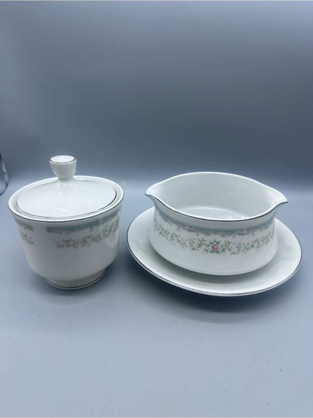 Roseville fine China White Porcelain Sugar Bowl and Gravy Boat